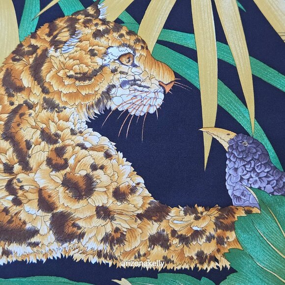 Salvatore Ferragamo Silk Carré Scarf Big Cats, Fox, Bird in Floral Style Jungle - Picture 7 of 16